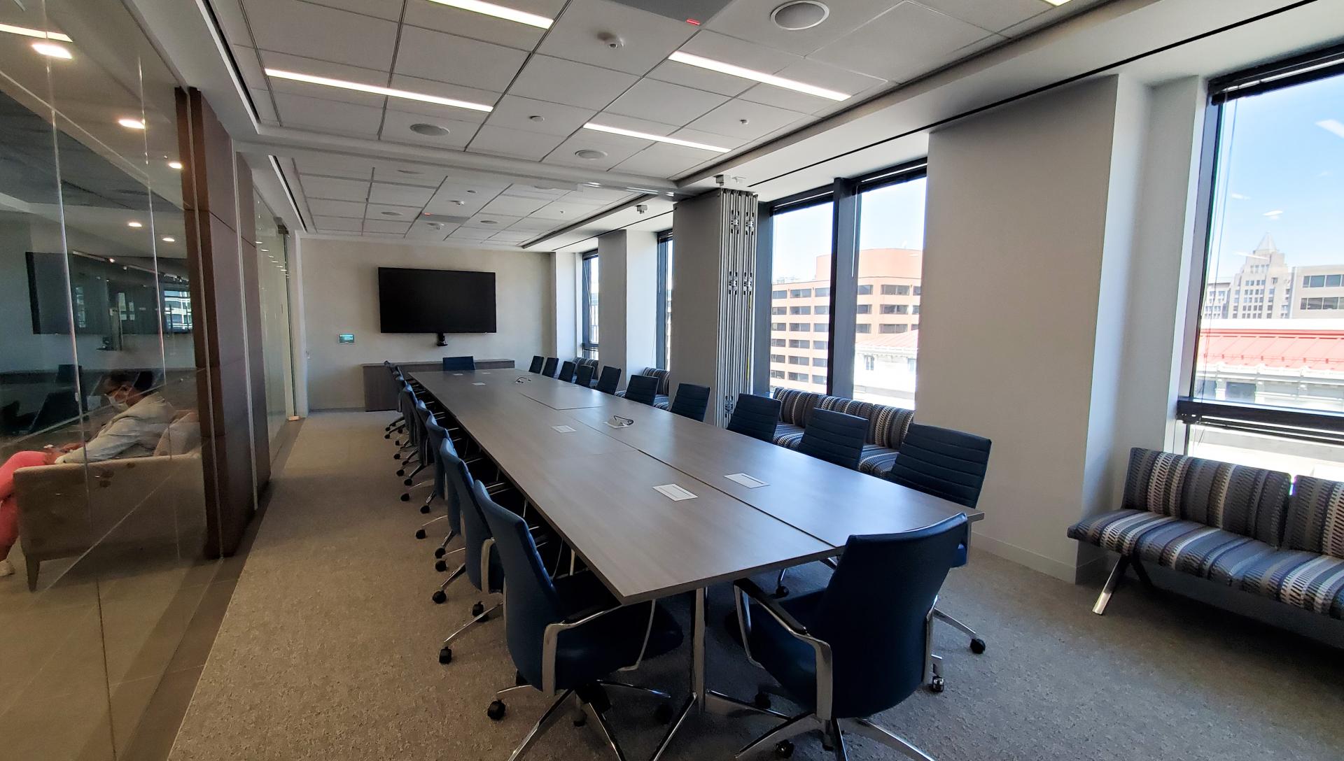Technology integrated conference room with acoustic demising partition. Flexible seating as board room, conference room, meeting rooms, classroom,